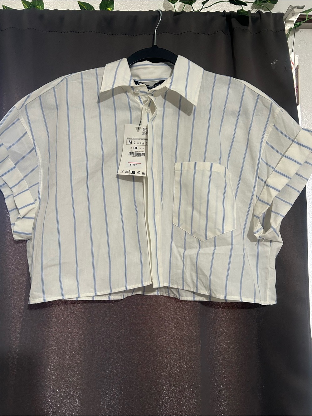 Zara White Crop Top with Light Blue Pinstripes